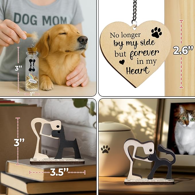 Pet Memorial Gift for Dogs Cats, Natural 360 Rotating Wooden Picture Frame 4x6 Photo, Pet Hair Keepsake Fur Jar Rainbow Bridge , No Longer By My Side But Forever in My Heart, Animal Loss Gift PR-3N