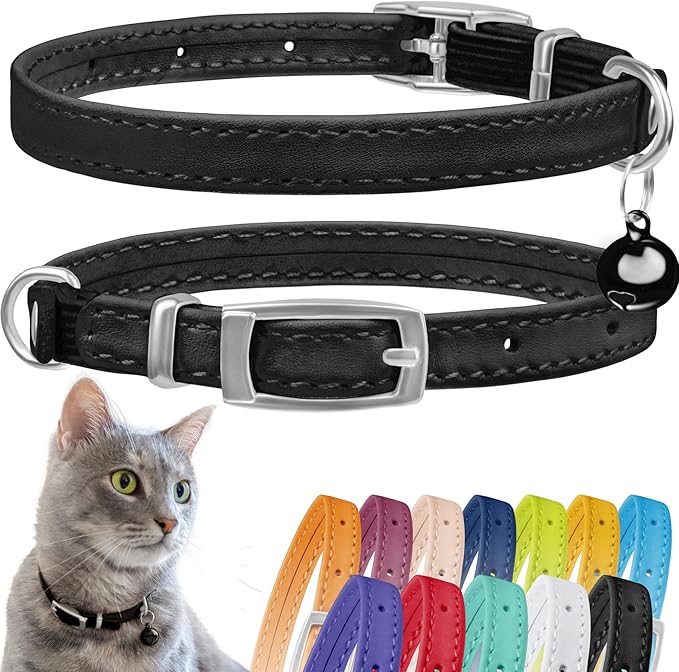CollarDirect Leather Cat Collar with Bell - Kitten Collar, Small and Big Cat Collar for Boy Cats, Girl Cats with Safety Elastic Strap (Neck Fit 6"-7", Black)