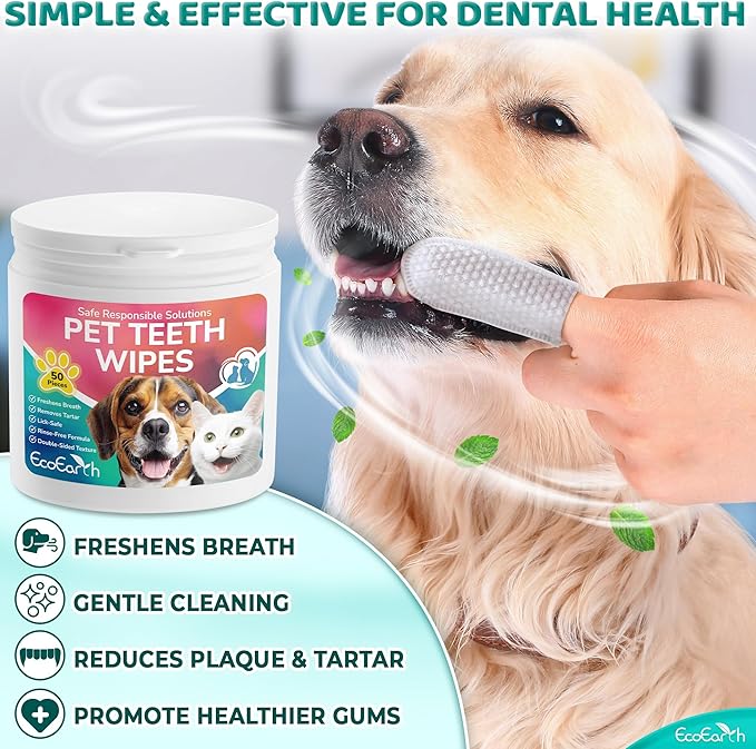 Premium Teeth Cleaning Wipes for Dogs & Cats - 50 Pcs - Pet Dental Care Finger Pads for Fresh Breath & Oral Hygiene - Embossed Pattern & Nano Plastic-Dotting to Remove Plaque & Tartar