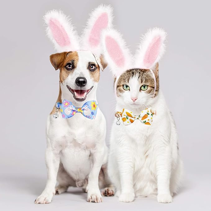 Easter Cat Collar with Bow Tie, Holiday 2 Pack Kitty Kitten Cute Bunny Carrot Collar for Girls and Boys (Bunny Peeps)