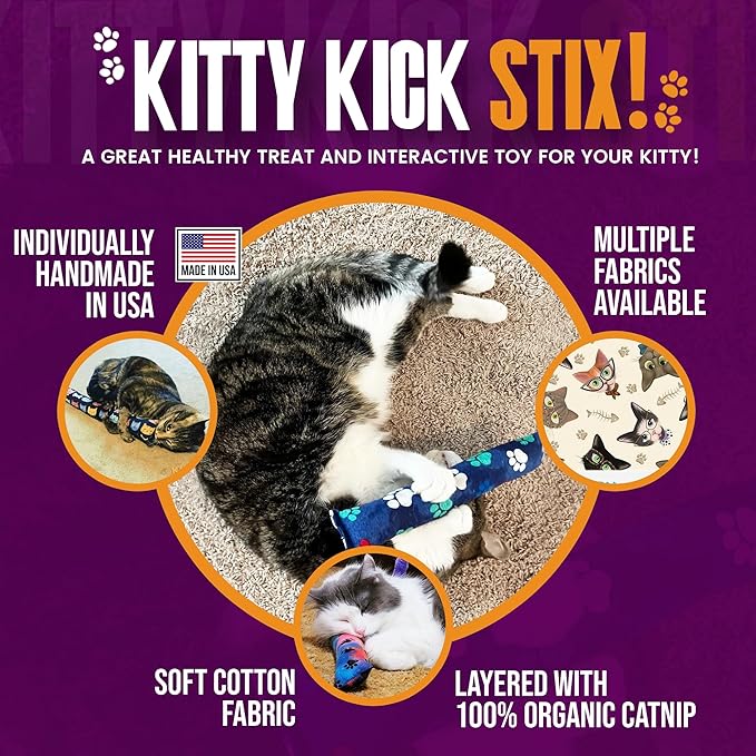 Cat Kicker Toys – 15" Set of 2, Durable Cat & Kitten Kick Sticks with 100% Potent Catnip. Handmade in USA. Encourages Exercise & Interactive Play for Indoor Cats of All Breeds. (Mystery Choice)