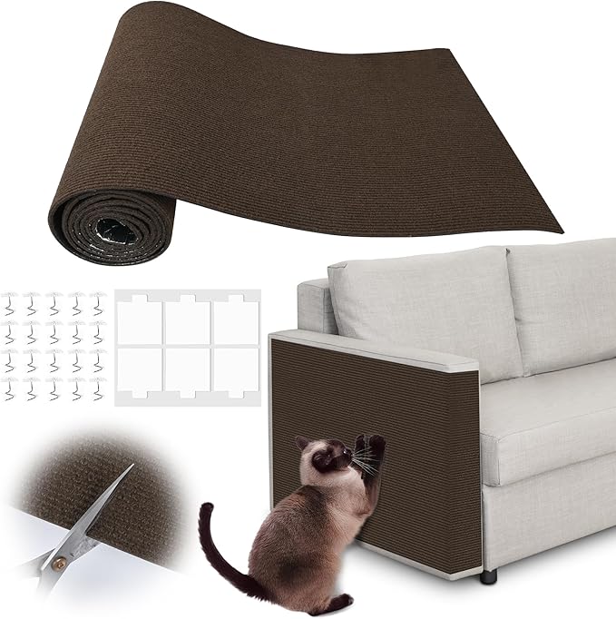 Cat Scratch Furniture Protector - 138" x 17" Trimmable Self-Adhesive Cats Claws Scratch Pads, DIY Cat Climbing Couch Protector for Scratch Post Cat Tree Replacement Indoor (Brown)
