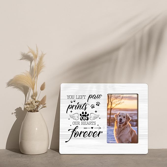 Dog Memorial Gifts for Loss of Dog Frame, Pet Loss Sympathy Gift Picture Frame, You Left Paw Prints on Our Hearts Frames Fits 4x6 Photo
