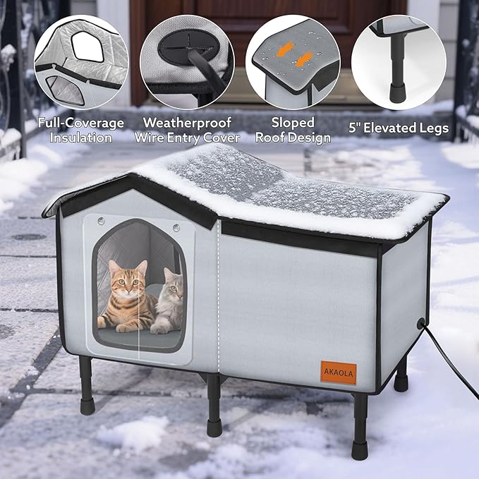 Outdoor Cat House Heated for Outside Winter 100% Waterproof Oxford Tarpaulin with Safe Escape Door and 5" Elevated Base with Heater for Feral Barn Cat Kitty (26“x20”x14“)