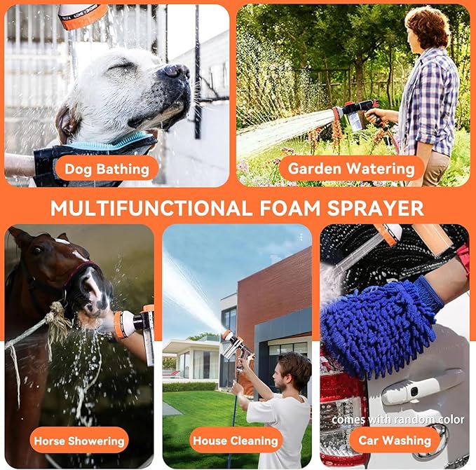 Pup Dog Wash Garden Hose Nozzle with Soap Dispenser for Car Washing, 10 Sprayer Pattern Dog Washing Hose Attachment Outdoor Use Dog Shower Attachment with Dog Brush for Pet Shower