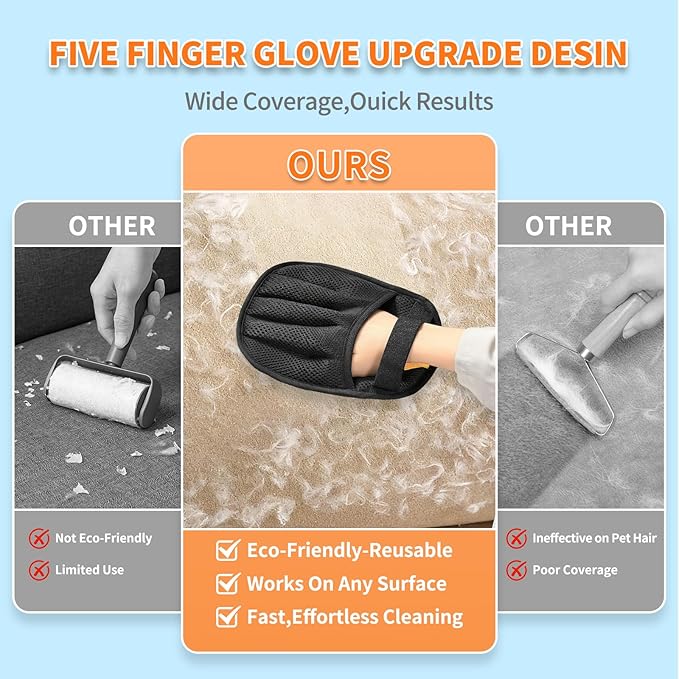 Pet Hair Removal Gloves for Cats & Dogs，Upgraded Five-Finger Electrostatic Reusable Magic Brush for Effortless Pet Hair Remover Tool on Carpet, Clothing, Laundry, Couch, Car Seat