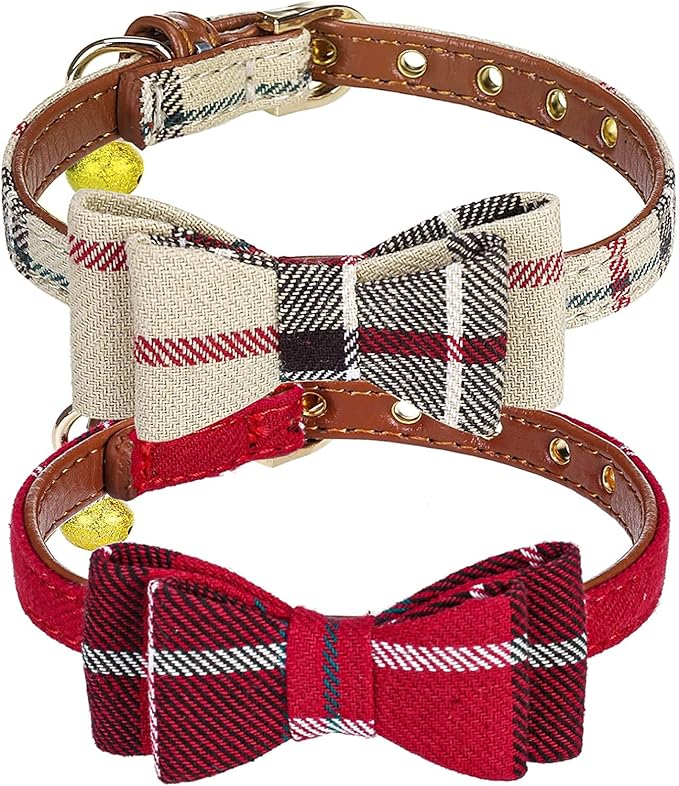 PUPTECK Puppy Collar with Bell XXS Dog Collar Charm Adjustable Bowtie Soft Leather for Cats Kittens Extra Small Dogs 2 Packs