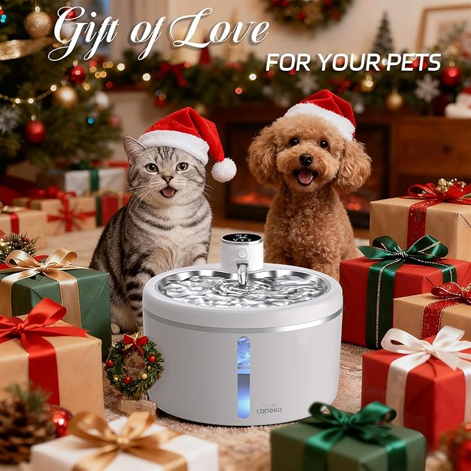 Wireless Cat Water Fountain with Stainless Steel Tray, 102oz/3L Pet Water Fountain for Cats Inside, Cat Fountain for Drinking with Motion Sensor, Ultra Quiet Pump, Cats & Dogs Gifts (8Filters)
