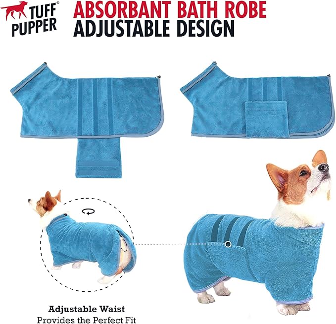 Tuff Pupper Fast Drying Dog Bath Robe | 800 GSM Plush Dog Towel Bathrobe/Dressing Gown | Super Absorbent Pet/Puppy Bathrobe | Adjustable Hood & Belly Strap | Super Soft | Fast Drying (XXXL, Blue)