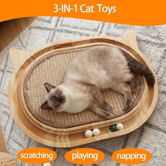 Wooden Interactive Cat Scratcher Toy with Ball Track, Sisal Scratch Pad for Indoor Cats, Kitten Toys for Chasing Hunting Mental Physical Exercise(17.4in*12.99in)