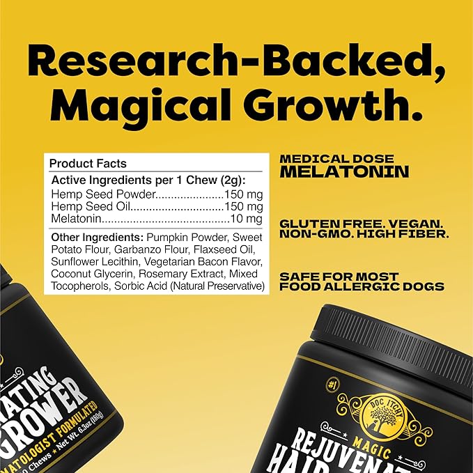 Doc Itchy Rejuvenating Hair-Grower Dog Pet Chews | 10mg Melatonin for Dogs | Hair Growth Booster | Senior Dog Energizer | Calming | Medical-Strength | Food Allergy Safe | Vegan | 90 Count