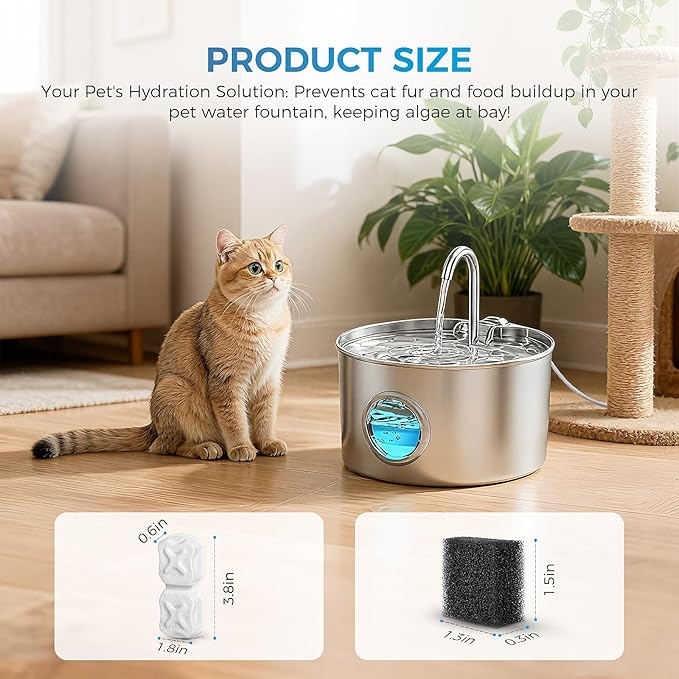Cat Water Fountain Filter Replacement,24 Pack Pet Fountain Filters - 12 Filters & 12 Sponges 74oz/2.2L Stainless Steel Pet Fountain Cat Water Dispenser