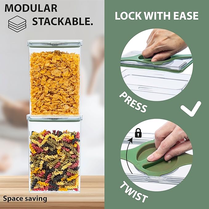 Leakproof Food Storage Container Set with Twist-Lock Lids, 3-Pack BPA-Free Stackable Pantry Canisters for Sugar, Flour, Pasta, Snacks(0.8qt (3.2 Cup), 1.9qt (7.6 Cup), 3qt (12 Cup)- Green