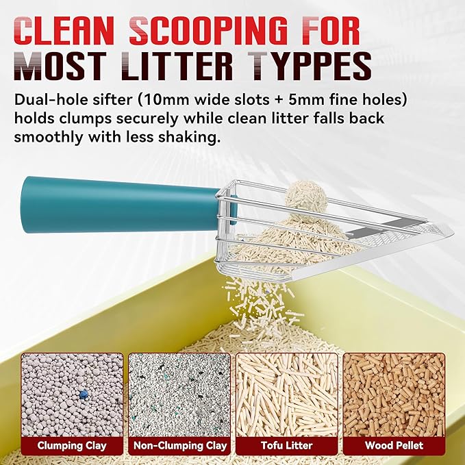 Metal Cat Litter Scoop with Holder, Heavy Duty Cat Scooper for Litter Box, Large Deep Sifter Shovel with Dual-Hole Design (10mm/5mm) for Pellets, Pine & Clay, Non-Stick Scraping Edge, Blue