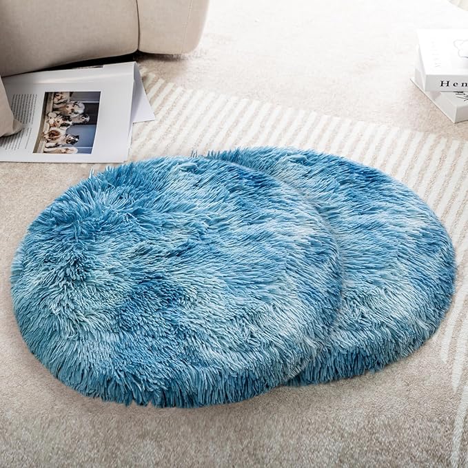 2PCS Round Plush Pet Mat Thin Style Pad Mat for Cats, Small Dogs, Rabbits, Guinea Pigs, Washable Soft Sofa mat, for Crate Cat Tree Tower Window Perch (Blue, Small (15.8inch) - 2pcs)