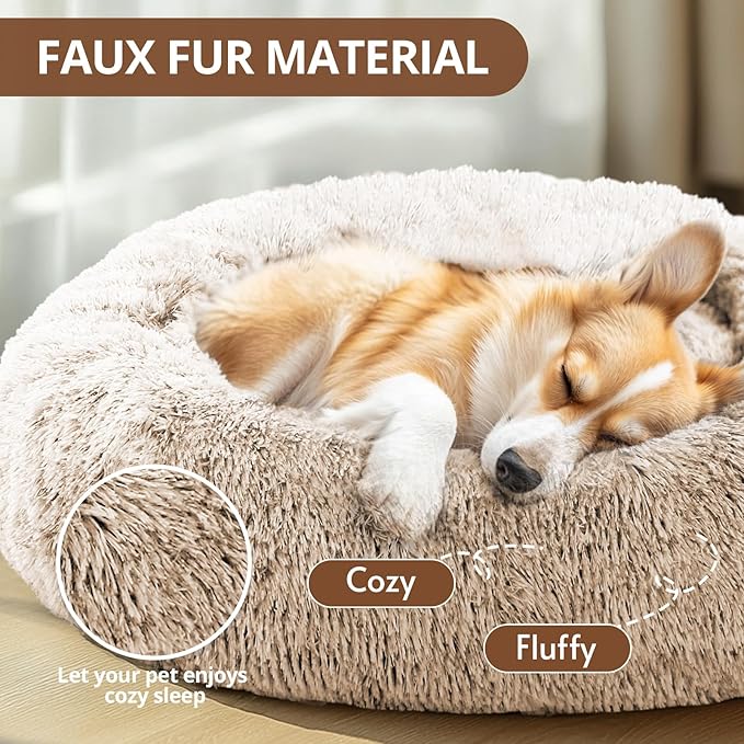 JOLLYVOGUE Calming Dog Bed Large Size Dog, Anti-Anxiety Donut Large Pet Bed, 36 inches Fluffy Faux Fur Round Cat Bed, Fits up to 75 lbs Pets (Cream Brown)