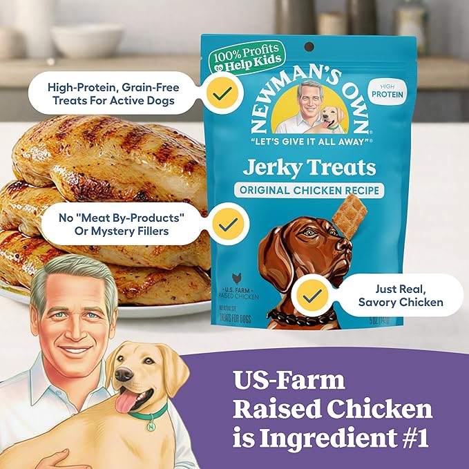 Newman's Own Chicken Jerky Dog Treats, 5 oz Bag (Pack of 6) — High Protein, Grain Free, US Farm-Raised Chicken as First Ingredient, Chewy Wholesome Training Rewards