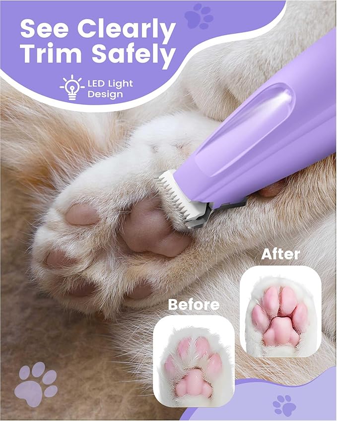 Dog Paw Trimmer with LED Light, 35dB Low Noise Paw Trimmers for Dog's Feet, 2 Speed Safety Electric Dog Clippers for Grooming, Rechargeable Cat Shaver for Paws, Ears, Face, Rump (Purple)