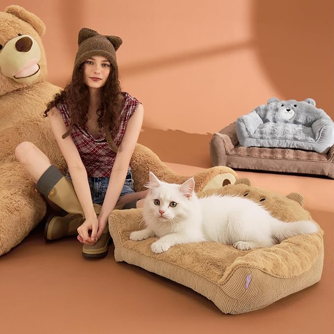 LE SURE Cute Cat Couch for Pets - Fluffy Original Bear Design Cat Beds for Indoor Cats, Fuzzy Cats Sofa with Removable Washable Cover, Supportive Pet Chair, 24inch, Brown