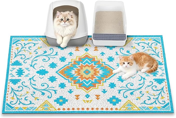 Cat Litter Mat, 35" x 23" Litter Box mat, Traps 100% Litter, Non-Slip Kitty Litter Trapping mats, Large Cute Litter mat, Easy Clean for Scatter Control, Bohe cat Food mat, Urine Waterproof