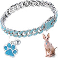 Hillban Cat Collar Diamond Chain Glitter Collar Walking Metal with Secure Buckle Cat Pet Necklace with Paw Charm and ID Tag Bell Link Cuban Jewelry Accessories Gift(10 Inch,Silver,Lake Blue)
