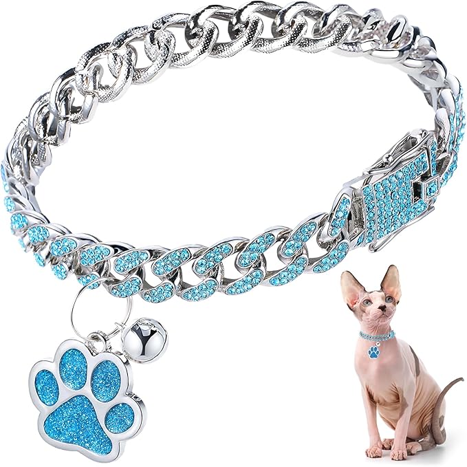 Hillban Cat Collar Diamond Chain Glitter Collar Walking Metal with Secure Buckle Cat Pet Necklace with Paw Charm and ID Tag Bell Link Cuban Jewelry Accessories Gift(10 Inch,Silver,Lake Blue)