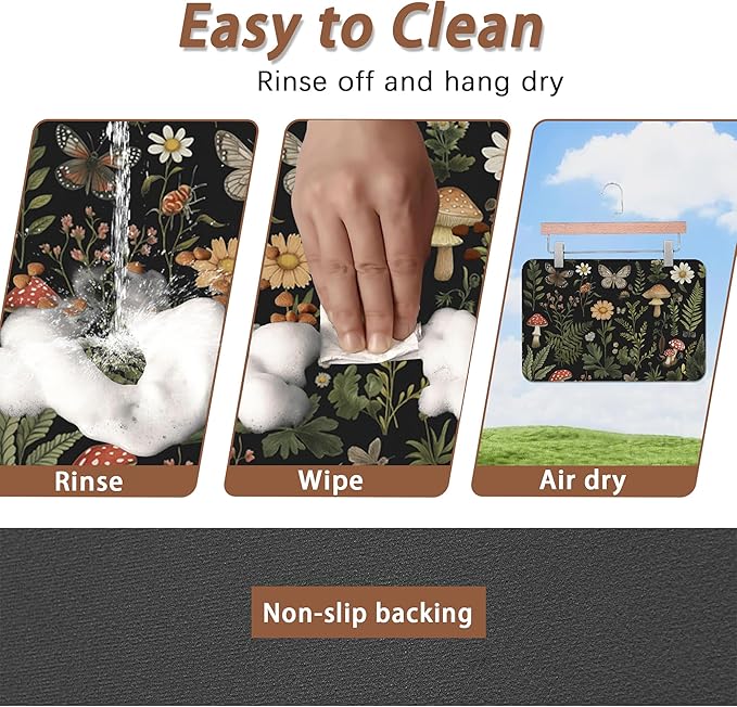 Red Mushroom Pet Feeding Mat,Fern Herb Butterfly Absorbent Quick-Dry Cat Dog Food and Water Bowl Mats,Non-Slip Rubber Backing Mat,Cat Dog Accessories Supplies 12"x20"
