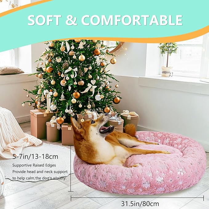 31 Inch Christmas Snowflakes Calming Dog Bed for Medium Dogs, Round Anti-Anxiety Warm Bed, Soft Cozy Anti-Slip Donut Washable Pet Bed, Fits up to 50 lbs Pets