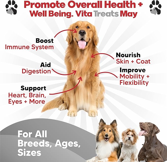 Vita Treats - Dog Vitamins and Supplements - Hemp Oil for Dogs - Glucosamine Chondroitin for Dogs - Omega 3 Fish Oil for Skin & Coat - Probiotics - Dog Joint Supplement - 120 Dog Multivitamin Chews