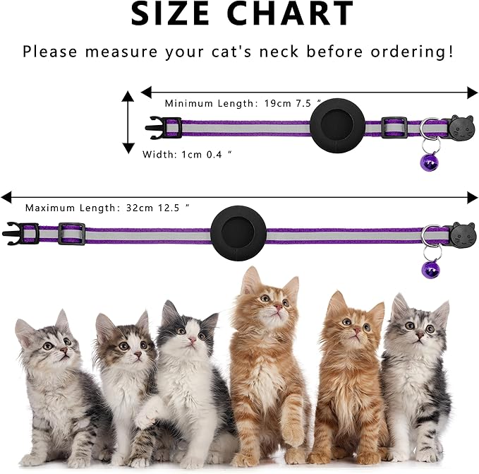 Cat Collar with Air Tag Holder, Reflective Kitten Collar with Bell, Breakaway Airtag Cat Collar for Boys Girls Cats, GPS Tracker for Cats 0.4’’ Width Adjustable Safe Kitty Collar, Light Purple