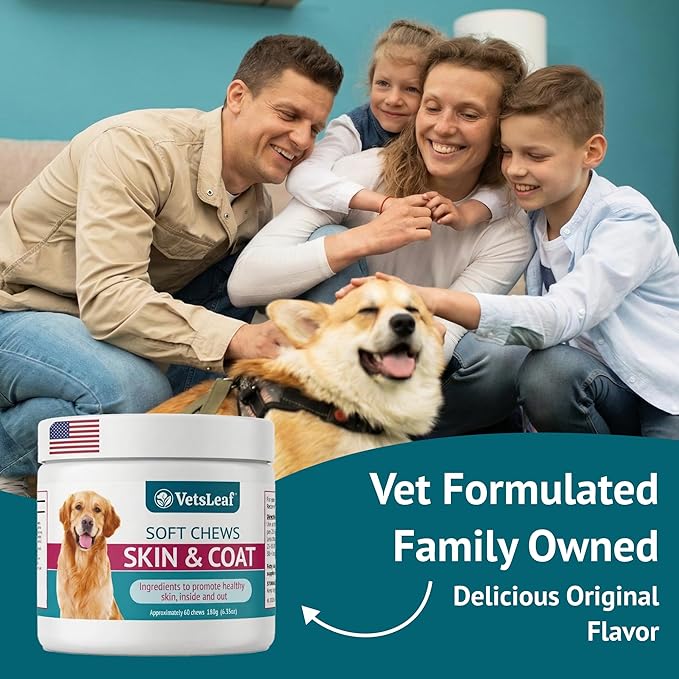 Skin & Coat Dog Chews – Collagen, Omega-3, EPA & DHA for Skin Health & Coat Shine – Antioxidant-Rich Supplement with Vitamin A & D3 – Supports Brain, Energy, and Balanced Blood Sugar