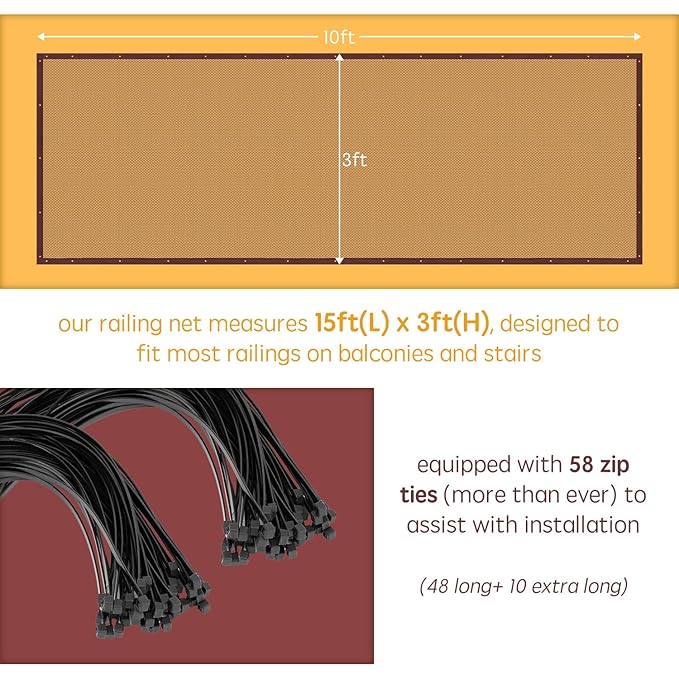 Baby Gates for Stairs with Banister, Guard Safety Net for Baby, 15ft x 3ft Stair Railing Mesh Barrier for Kids, Cats, Dogs, Child Safety Rail Guard - Dark Brown