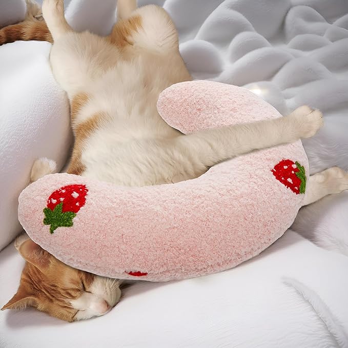 Lystaii Cat Calming Pillow for Indoor Pets - Soft Fluffy Cat & Dog Bed - Dog Neck Pillow Pet Toy Half Donut Anxiety Relief with Cute Embroidery Pattern (Pink, Strawberry)