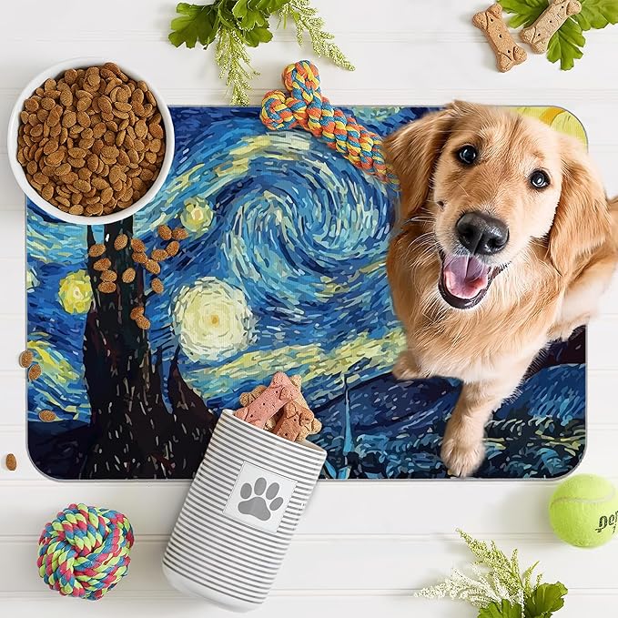 Starry Night Dog Cat Food Mat,Absorbent Pet Feeding Mat for Food and Water,Non-Slip Dog Bowl Mats Floor Protector 16"x24"