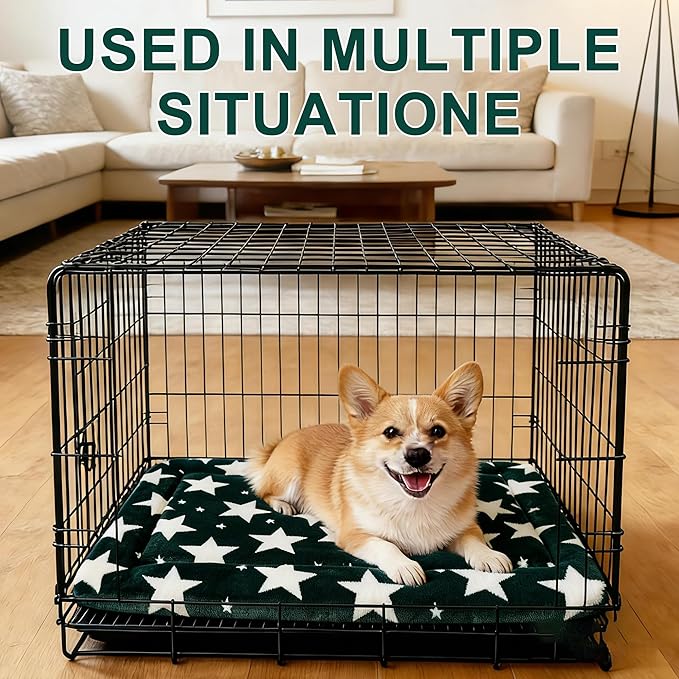 Dog Bed Mat – Soft & Comfortable Dog Kennel Pad for Crate – Durable Crate Bed & Mat for Dogs & Cats – Ideal for Crate, Kennel, and Home Use (Big&Little Stars Green, S(24"*18"*1.5"))
