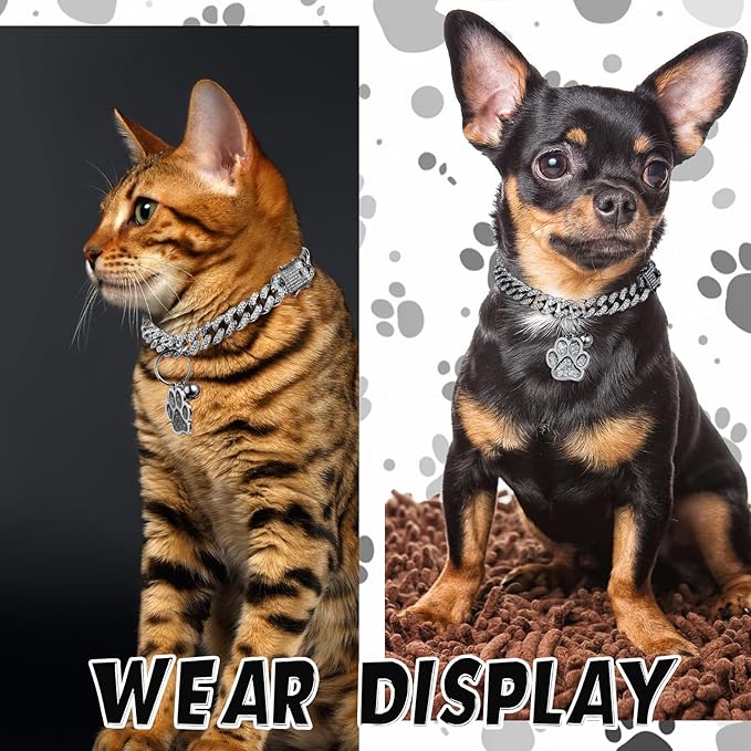 Hillban Cat Collar Diamond Chain Glitter Collar Walking Metal with Secure Buckle Cat Pet Necklace with Paw Charm and ID Tag Bell Link Cuban Jewelry Accessories Gift(8 Inch,Steel Black, White)