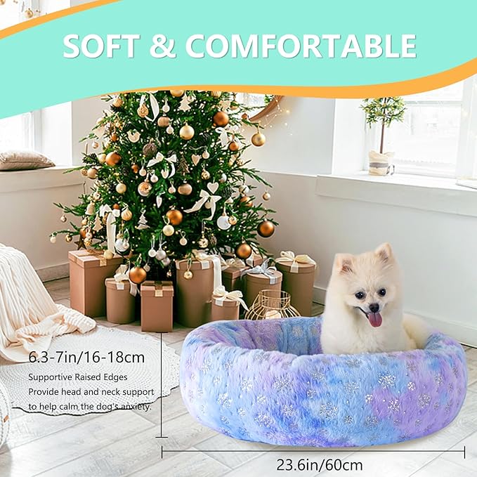 23 Inch Christmas Snowflakes Calming Dog Bed for Small Dogs Cats, Kitty Puppy Round Anti-Anxiety Warm Bed, Soft Cozy Anti-Slip Donut Washable Pet Bed, Fits up to 30 lbs Pets