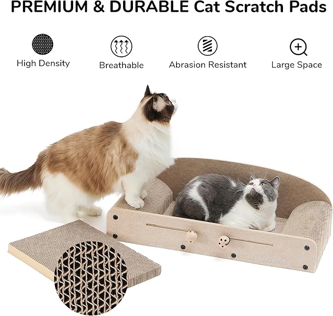 FUKUMARU 26 Inch Cat Scratcher Cardboard Lounge Bed, 2 Reversible Cat Scratch Pads Refill for Indoor Cats, Durable Cats Scratching Boards Extra Large Lounger Bed Sofa Couch with Ball Toy, Beige