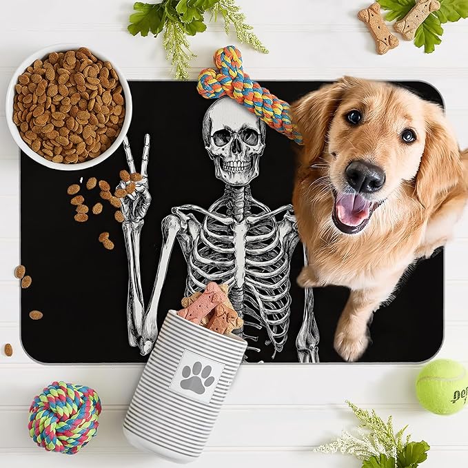 Funny Skull Skeleton Dog Food Mat for Floors,Absorbent Quick-Dry Pet Feeding Mat,Cat Dog Bowl Mats for Food and Water,Non-Slip Pet Accessories Supplies 12"x20"