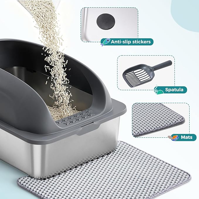 OLIXIS Stainless Steel Cat Litter Box with Lid, Large Cat Litter Box for Big Cats, High Wall Sides, Anti-Urine Leakage, Easy Cleaning, Scoop and Mat Included, Dark Gray