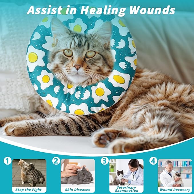 Soft Cat Cone Collar, Cute Cats Recovery Collar Suitable for Small, Medium, Large cat,Elizabethan Neck Collar for Cats After Surgery (Poached Egg, Large)