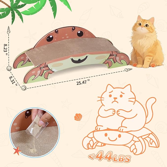 Crab-Shape Cardboard Cat Scratcher Bed Lounge for Indoor Cats, Durable 2-Side Curved Cute Cat Scratching Board Kitten Scratch Pad, Colorful