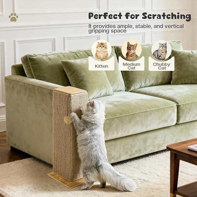 Wooden Couch Corner Cat Scratcher with Sisal Scratching Mat, Adjustable Couch Cat Scratch Protector with Adjustable Buckles, Couch Corner Protectors for Cats, Cat Scratch Furniture Protector for Sofa