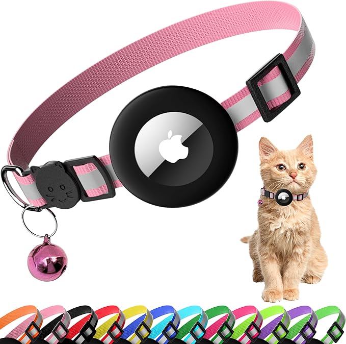 Cat Collar with Air Tag Holder, Reflective Kitten Collar with Bell, Breakaway Airtag Cat Collar for Boys Girls Cats, GPS Tracker for Cats 0.4’’ Width Adjustable Safe Kitty Collar, Pink