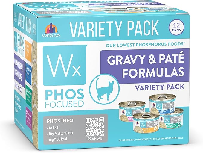 Weruva Wx Phos Focused, Pate & Gravy Formulas Variety Pack, 3oz Can (Pack of 12)
