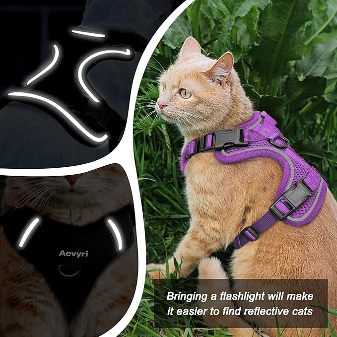 Cat Harness and Leash for Walking, The Upgrade Can be Adjusted in Four Directions and Breathable Cat Harness for Anti Escape that can be Fitted and Positioned, Reflective Strips Harness, Purple, L