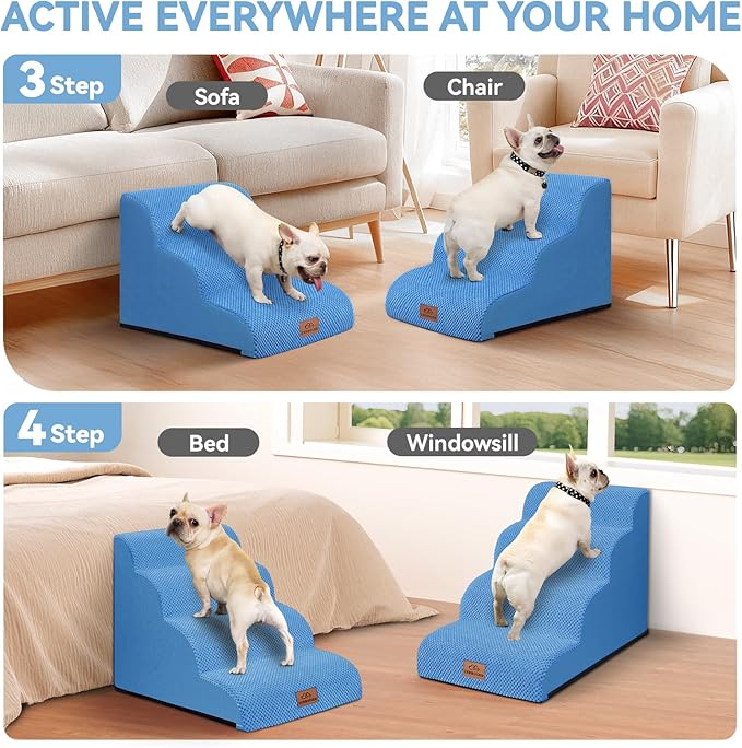 Dog Ramp and Stair for Bed 16" H-20 H,3-Step Cat Stair for Sofa and Chair,4-Step Dog Ramp for High Bed and Window,Durable Nonslip Fabric Cover for Indoor (Blue-20“H, Pet Friendly, 4)