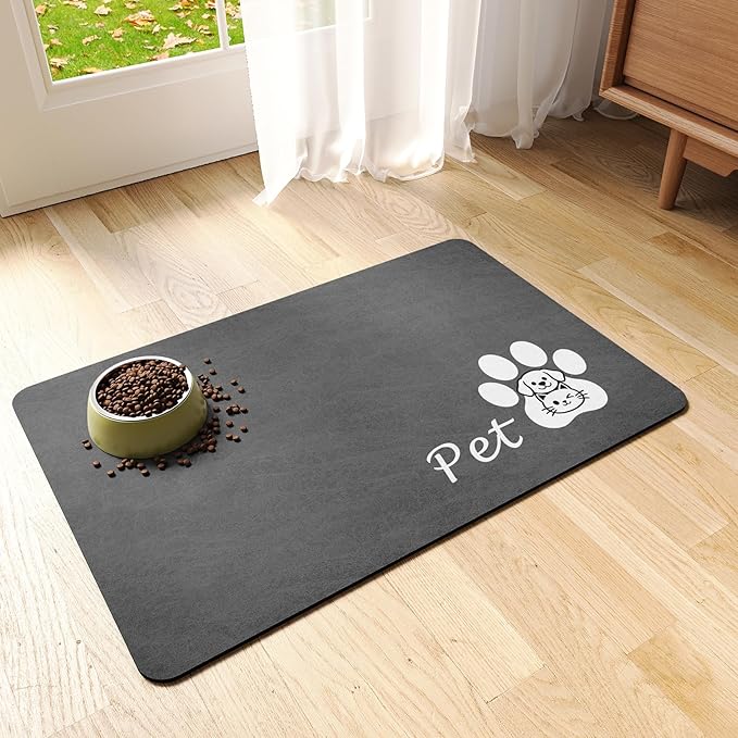 Dog Cat Feeding Mat-Absorbent Pet Bowl Mat for Food and Water, Quick Dry Water Dispenser Mat for Floors with Waterproof Rubber Backing, Puppy Cat Placemat Mats for Messy Drinkers,12"x20",Dark Grey