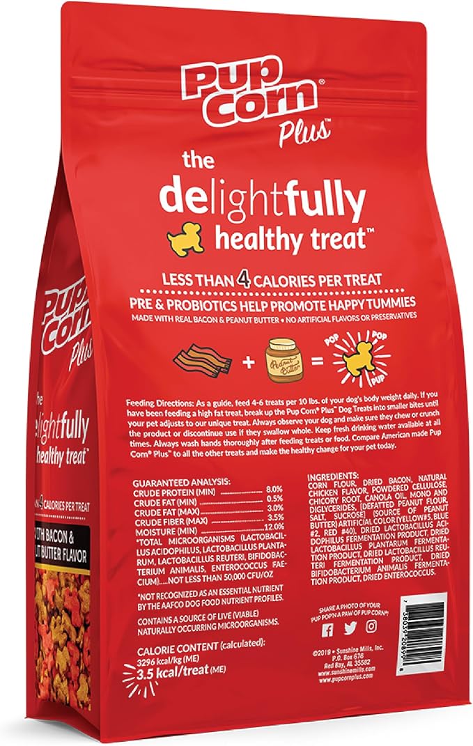 Pup Corn Plus - Puffed Dog Treats with Prebiotics and Probiotics - Bacon & Peanut Butter (24oz) - Made in USA