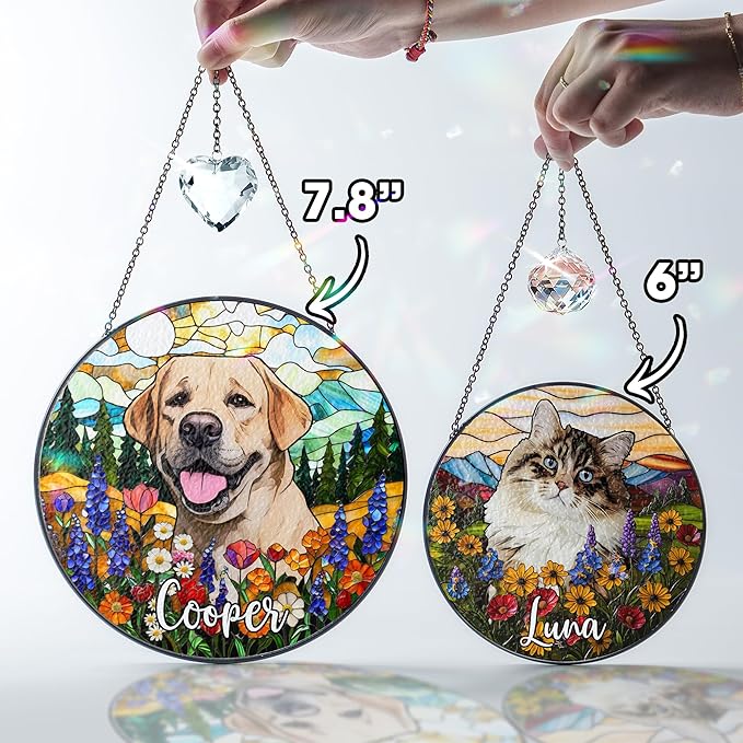 Personalized Pet Portrait Stained Glass Window Hanging, Sympathy Decoration Suncatcher for Loss of Dog & Cat Bereavement Gift from Photo, Memorial Keepsake for Dog Lover, Cat Mom Gift for Women